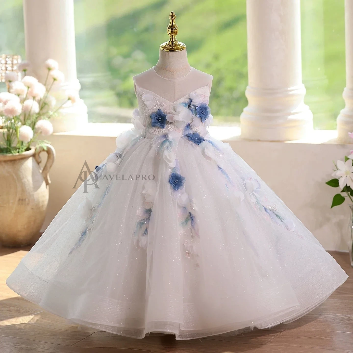 0-12 years old girls long dress, floral mesh wedding dress, birthday party, banquet, special occasion dress, girl princess dress