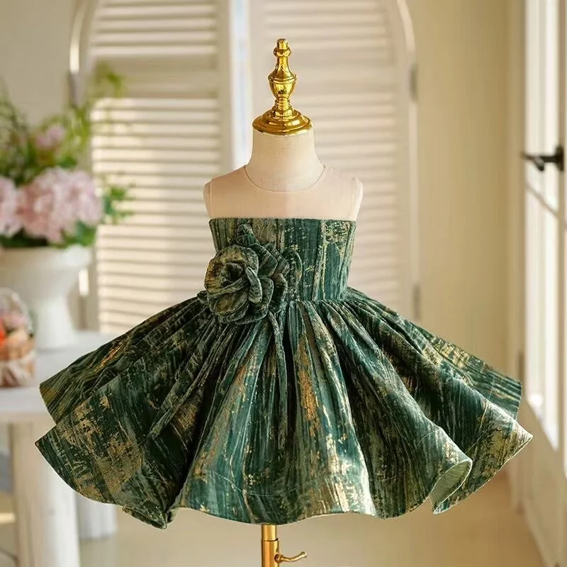 3D Flower Sleeveless Green Girl Dress Princess Ball Gown