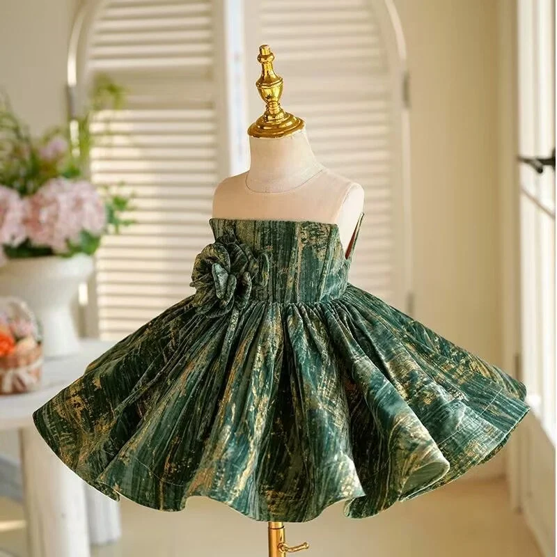 3D Flower Sleeveless Green Girl Dress Princess Ball Gown