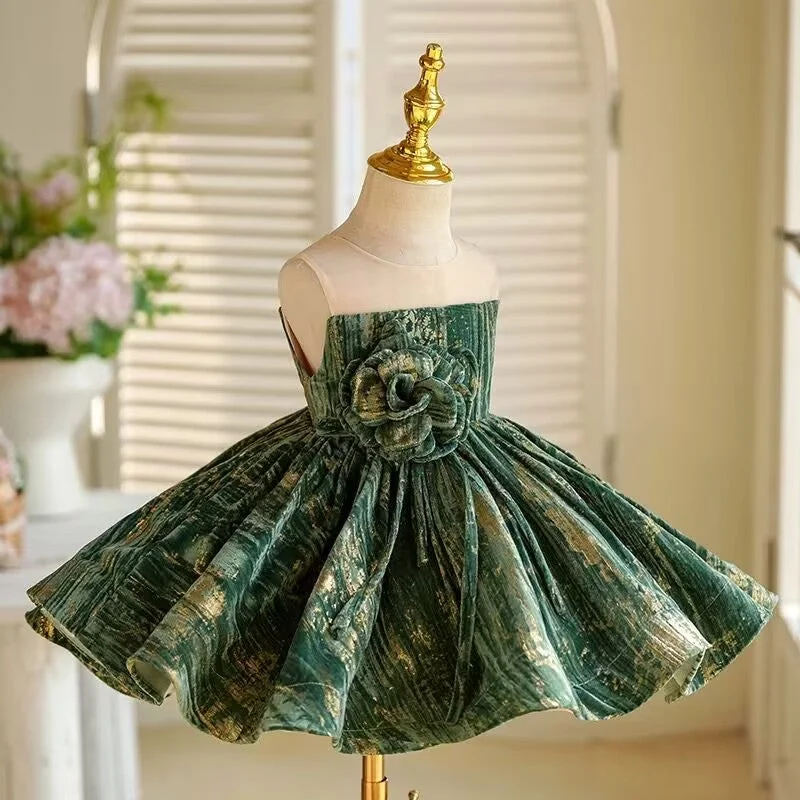 3D Flower Sleeveless Green Girl Dress Princess Ball Gown