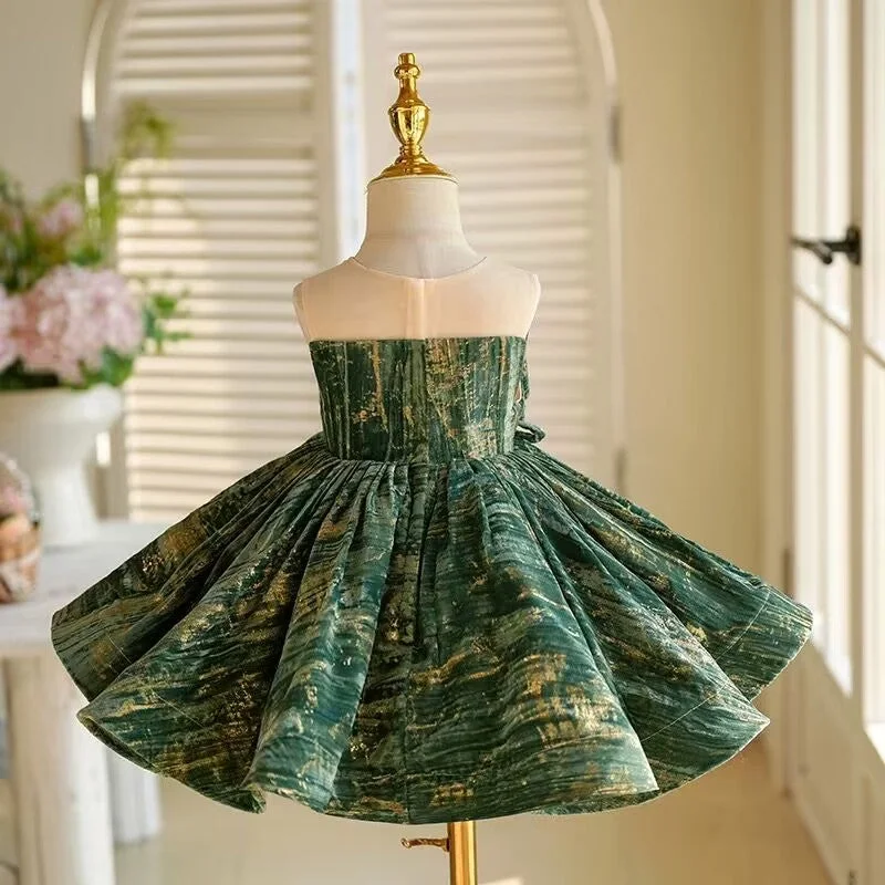 3D Flower Sleeveless Green Girl Dress Princess Ball Gown