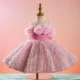 3D Flowers Fur Pink Girl Dress With Bow Sleeveless