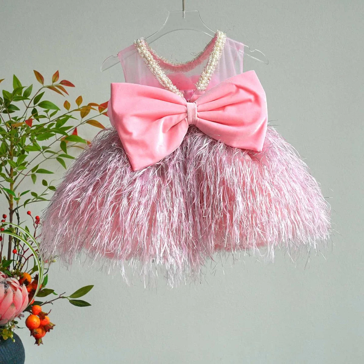 3D Flowers Fur Pink Girl Dress With Bow Sleeveless