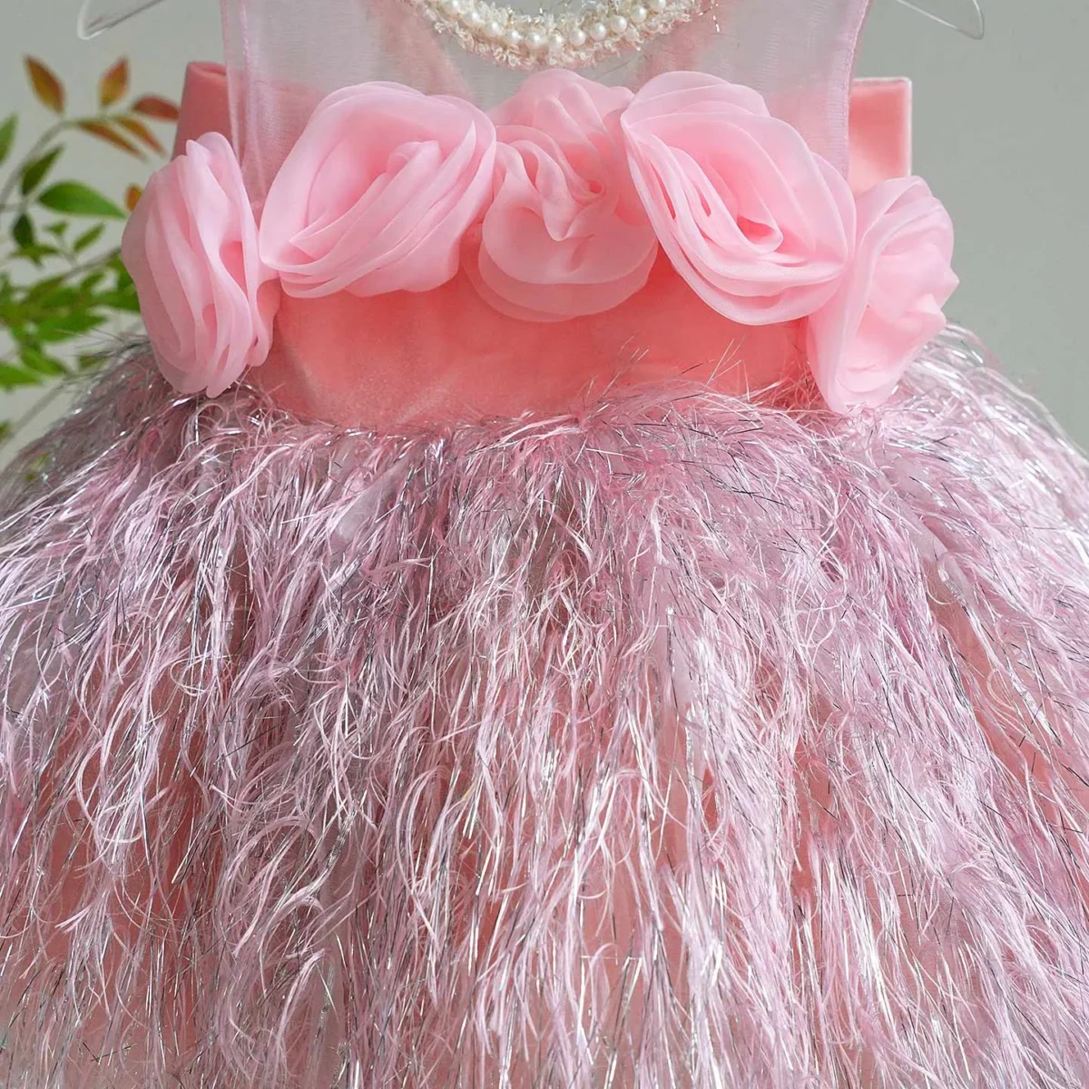 3D Flowers Fur Pink Girl Dress With Bow Sleeveless