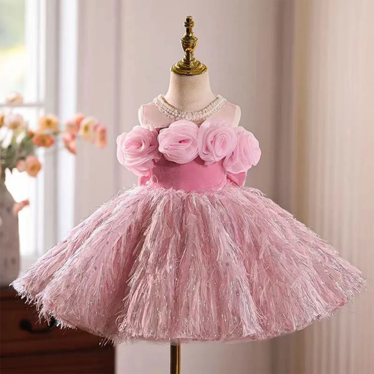 3D Flowers Fur Pink Girl Dress With Bow Sleeveless