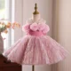 3D Flowers Fur Pink Girl Dress With Bow Sleeveless