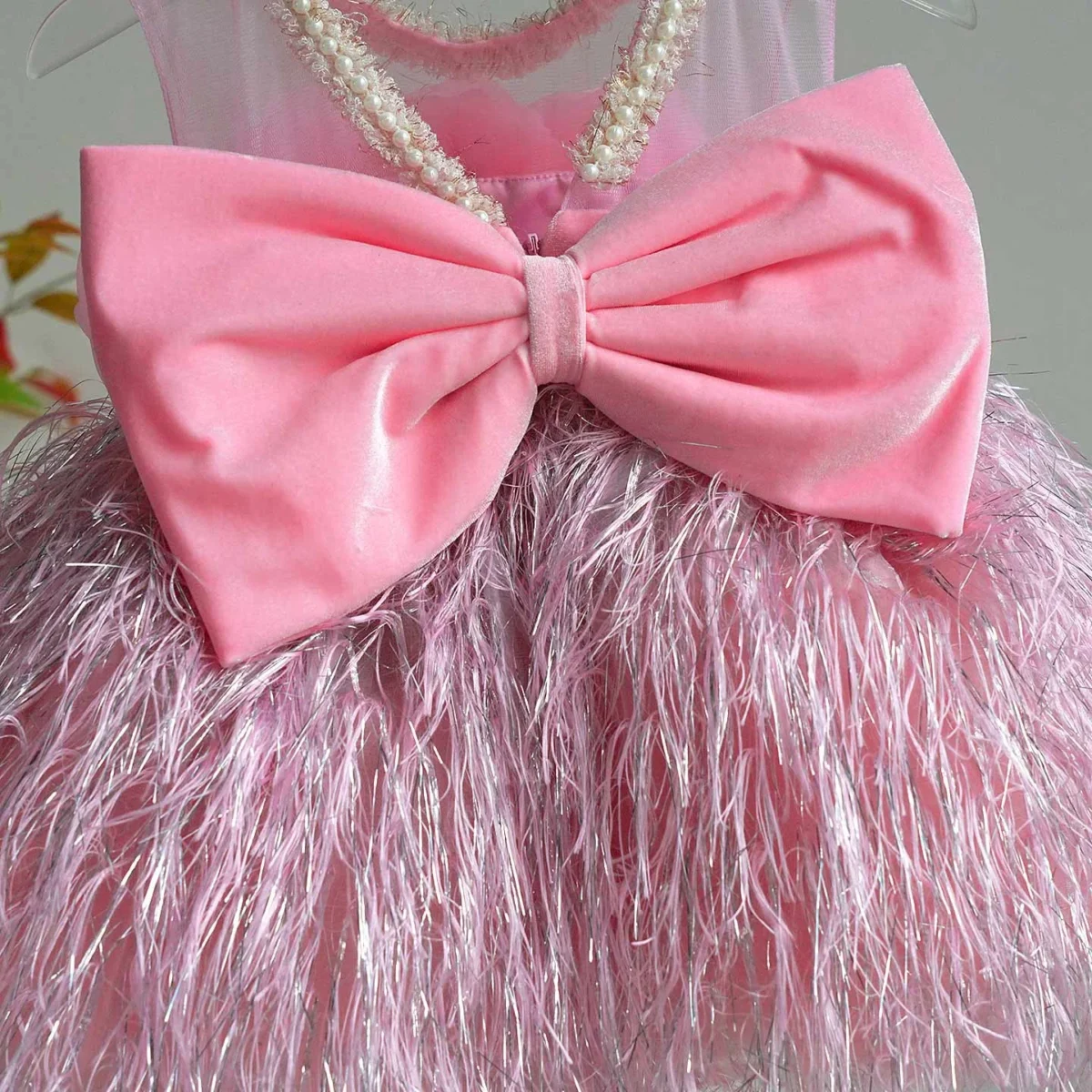 3D Flowers Fur Pink Girl Dress With Bow Sleeveless