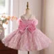 3D Flowers Fur Pink Girl Dress With Bow Sleeveless