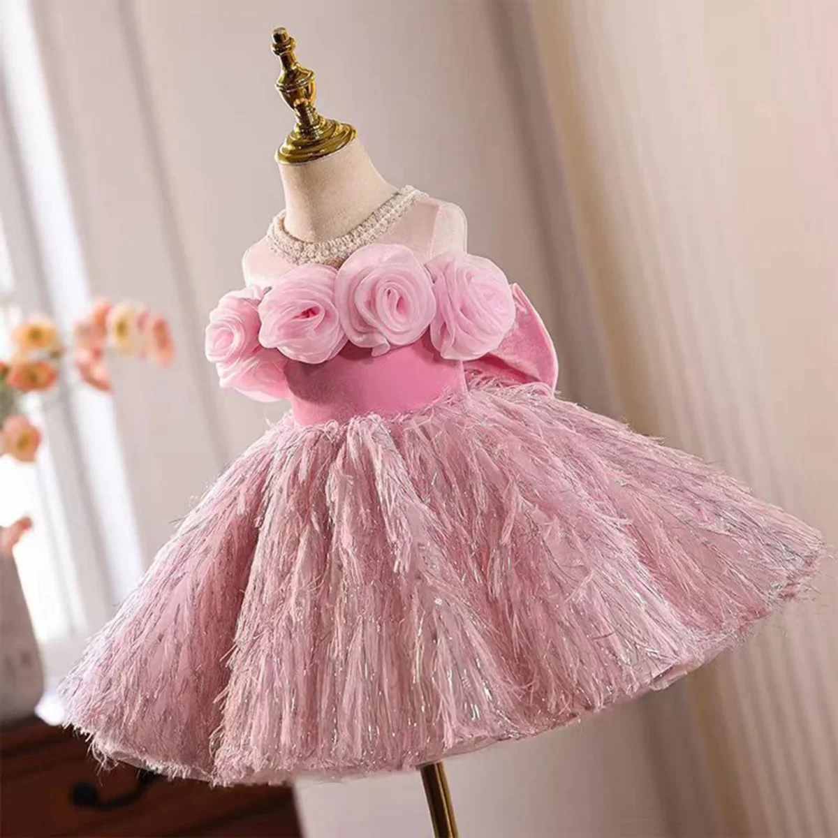 3D Flowers Fur Pink Girl Dress With Bow Sleeveless