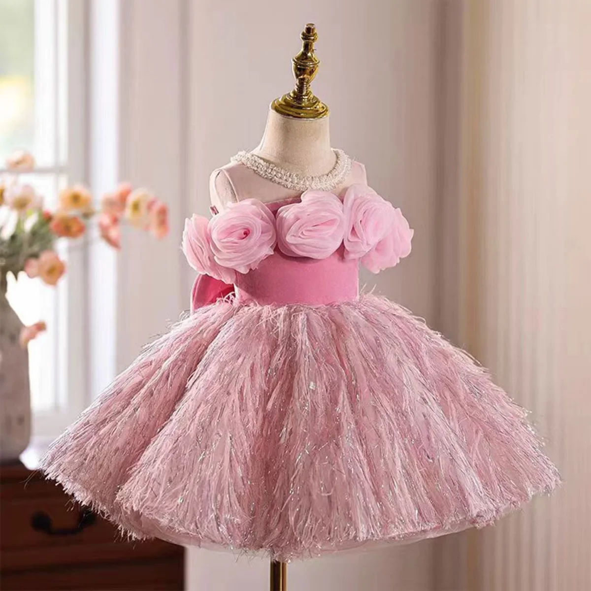 3D Flowers Fur Pink Girl Dress With Bow Sleeveless