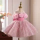 3D Flowers Fur Pink Girl Dress With Bow Sleeveless