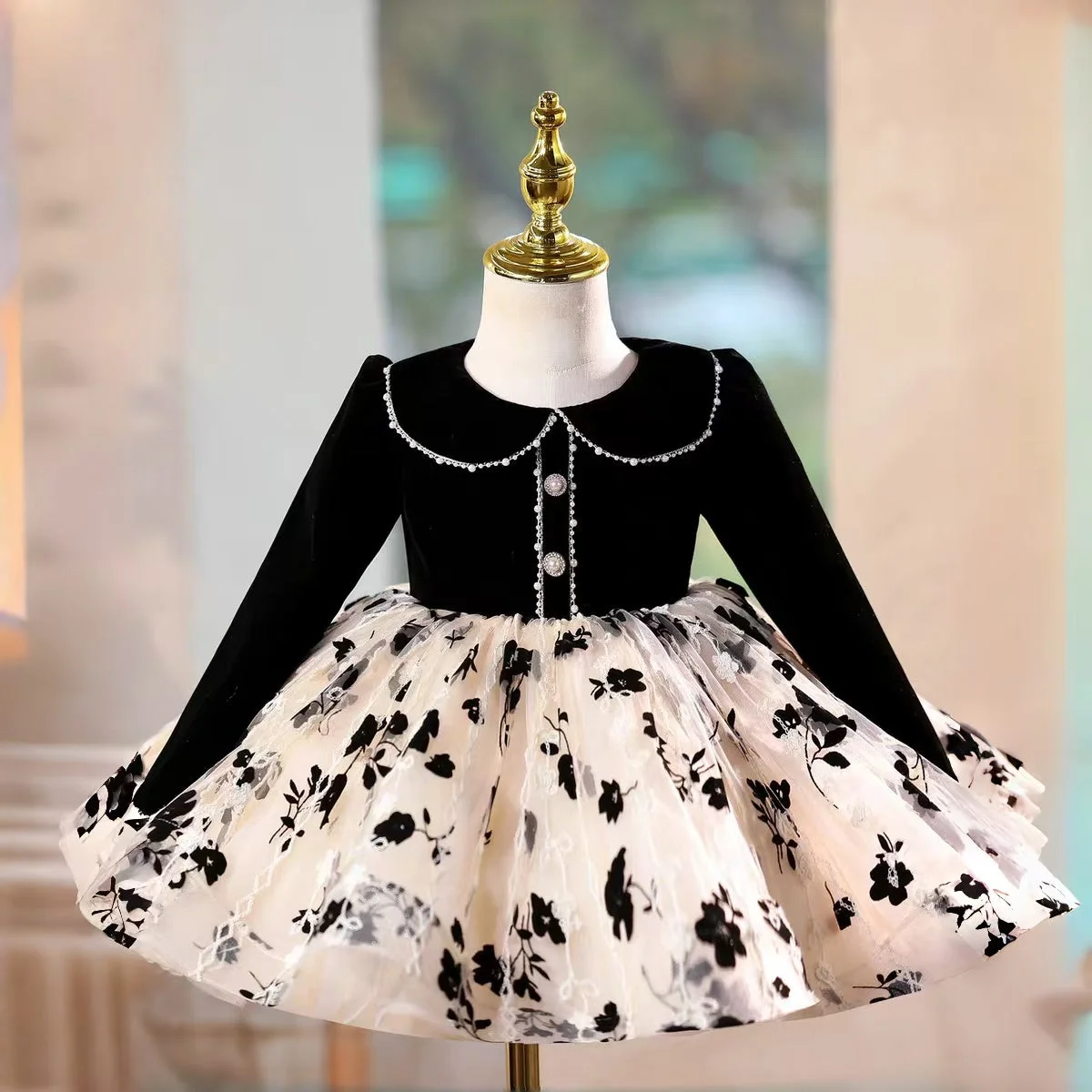 Black-Long-Sleeve-Girl-Dress-Knee-Length-Birthday-Wedding-Party-Gown-D163-AVELAPRO-52006210076975-01 Black Long Sleeve Girl Dress Knee Length Birthday Wedding Party Gown