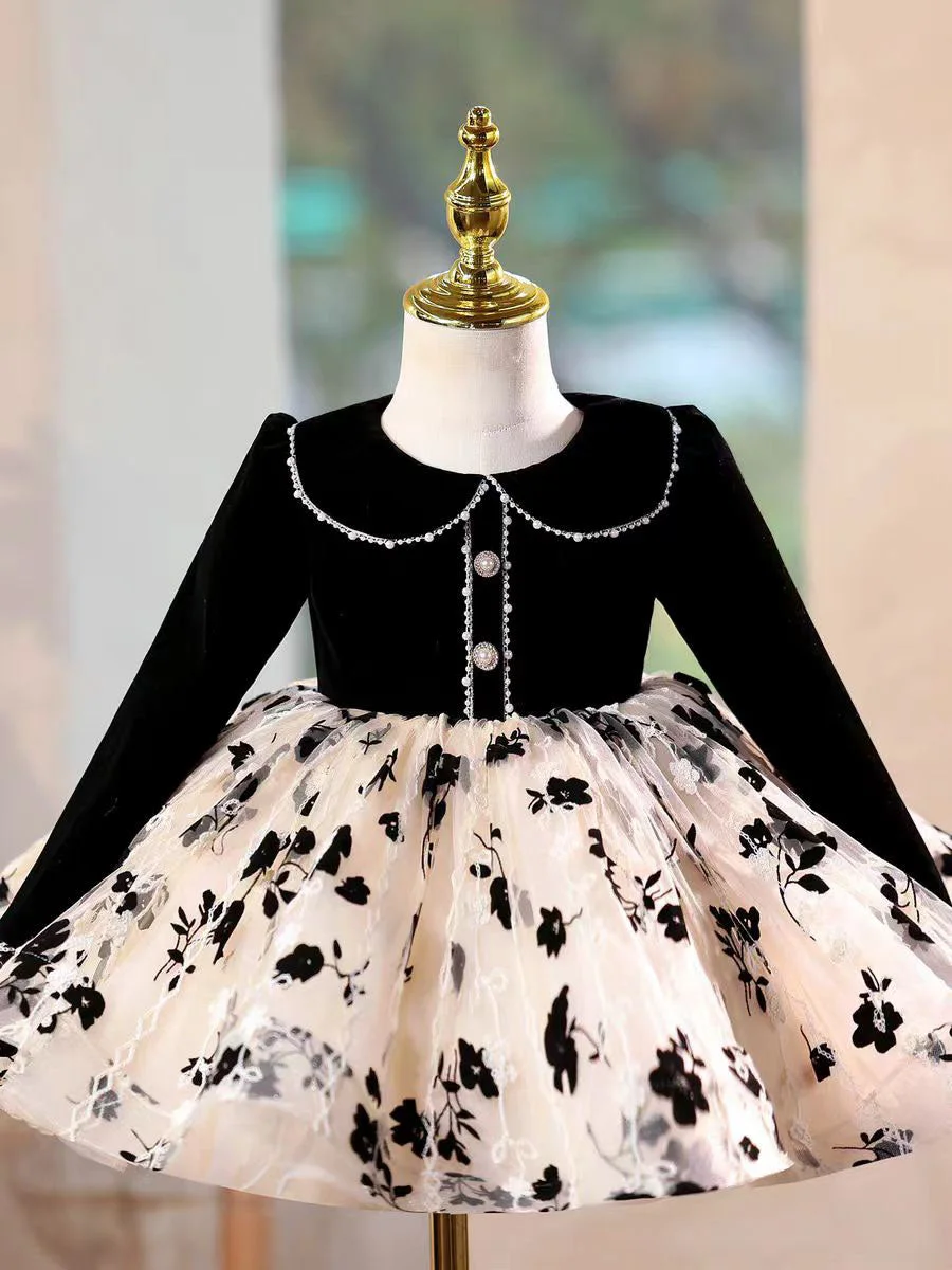 Black-Long-Sleeve-Girl-Dress-Knee-Length-Birthday-Wedding-Party-Gown-D163-AVELAPRO-52006210076975-05 Black Long Sleeve Girl Dress Knee Length Birthday Wedding Party Gown