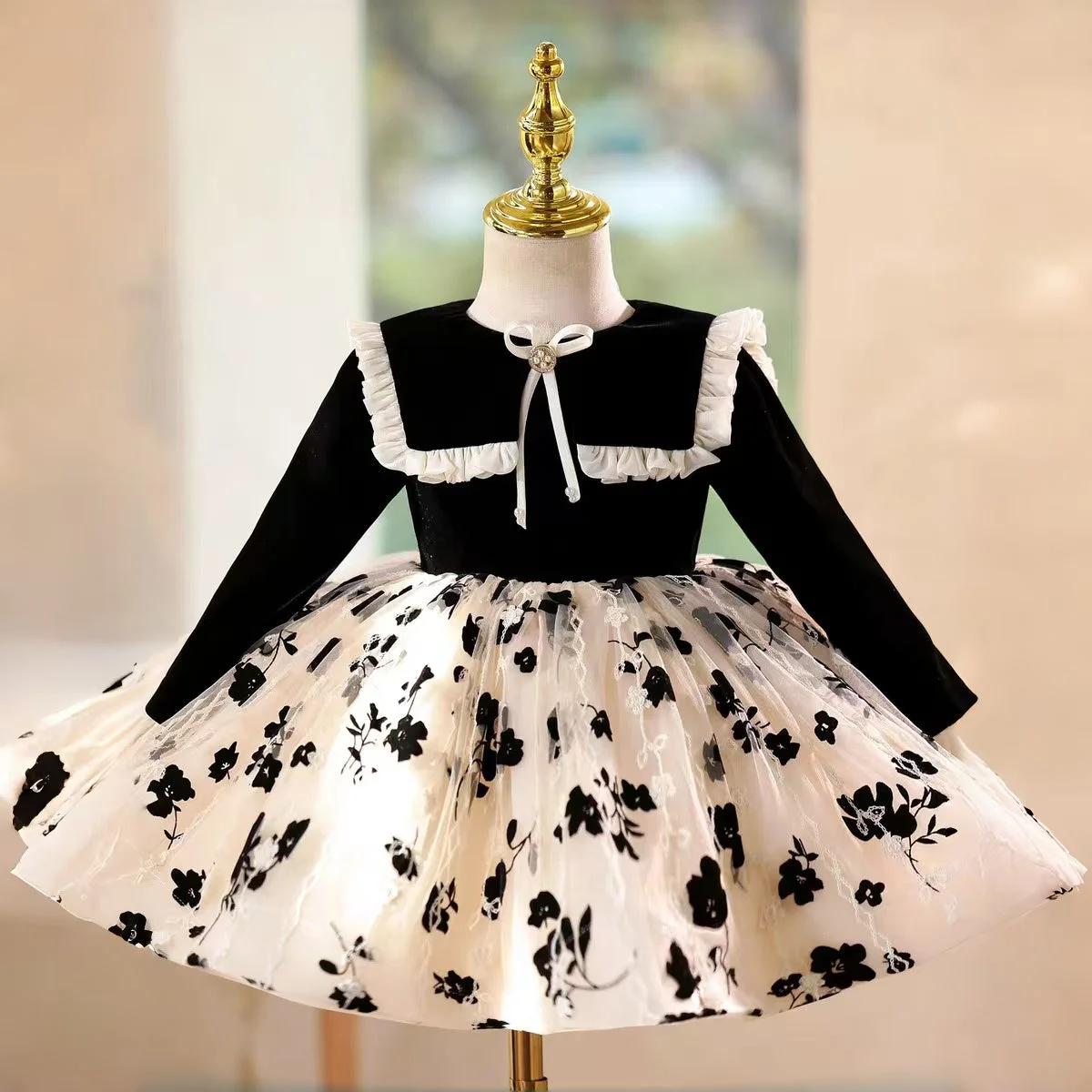 Black-Long-Sleeve-Girl-Dress-Knee-Length-Birthday-Wedding-Party-Gown-D163-AVELAPRO-52006210076975-07 Black Long Sleeve Girl Dress Knee Length Birthday Wedding Party Gown