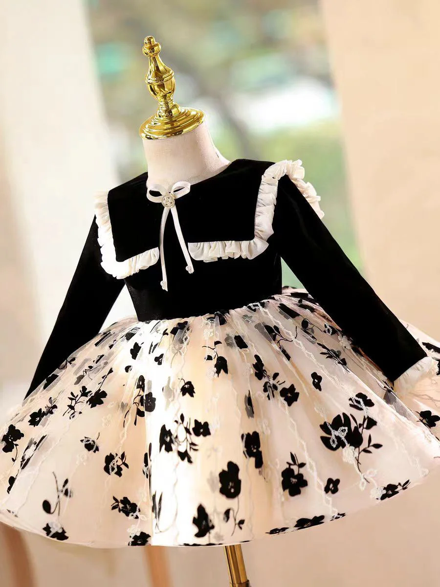 Black-Long-Sleeve-Girl-Dress-Knee-Length-Birthday-Wedding-Party-Gown-D163-AVELAPRO-52006210076975-11 Black Long Sleeve Girl Dress Knee Length Birthday Wedding Party Gown