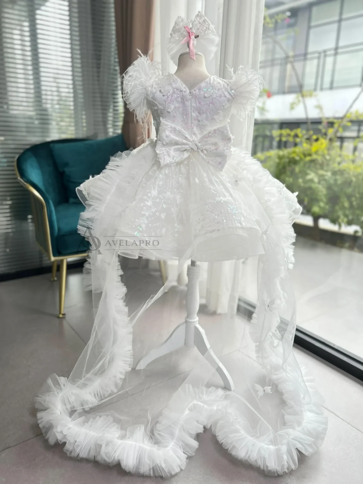 Children's wedding sequin long sleeve flower girl tail dress birthday party girl princess dress