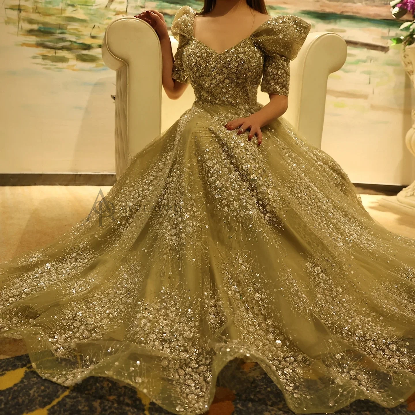 Glitter Lime Green Luxury Dubai Evening Dress Engagement Arabic Gowns