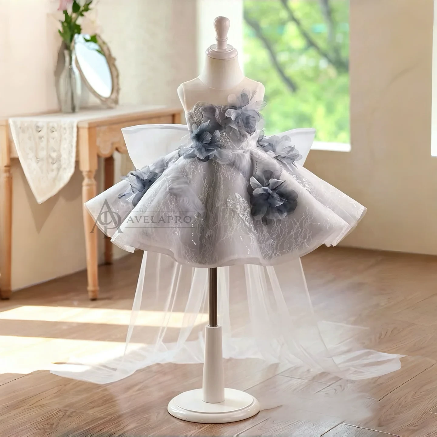 Grey Flower Girl Dress for Girls Tulle Floral Party Dress for Wedding