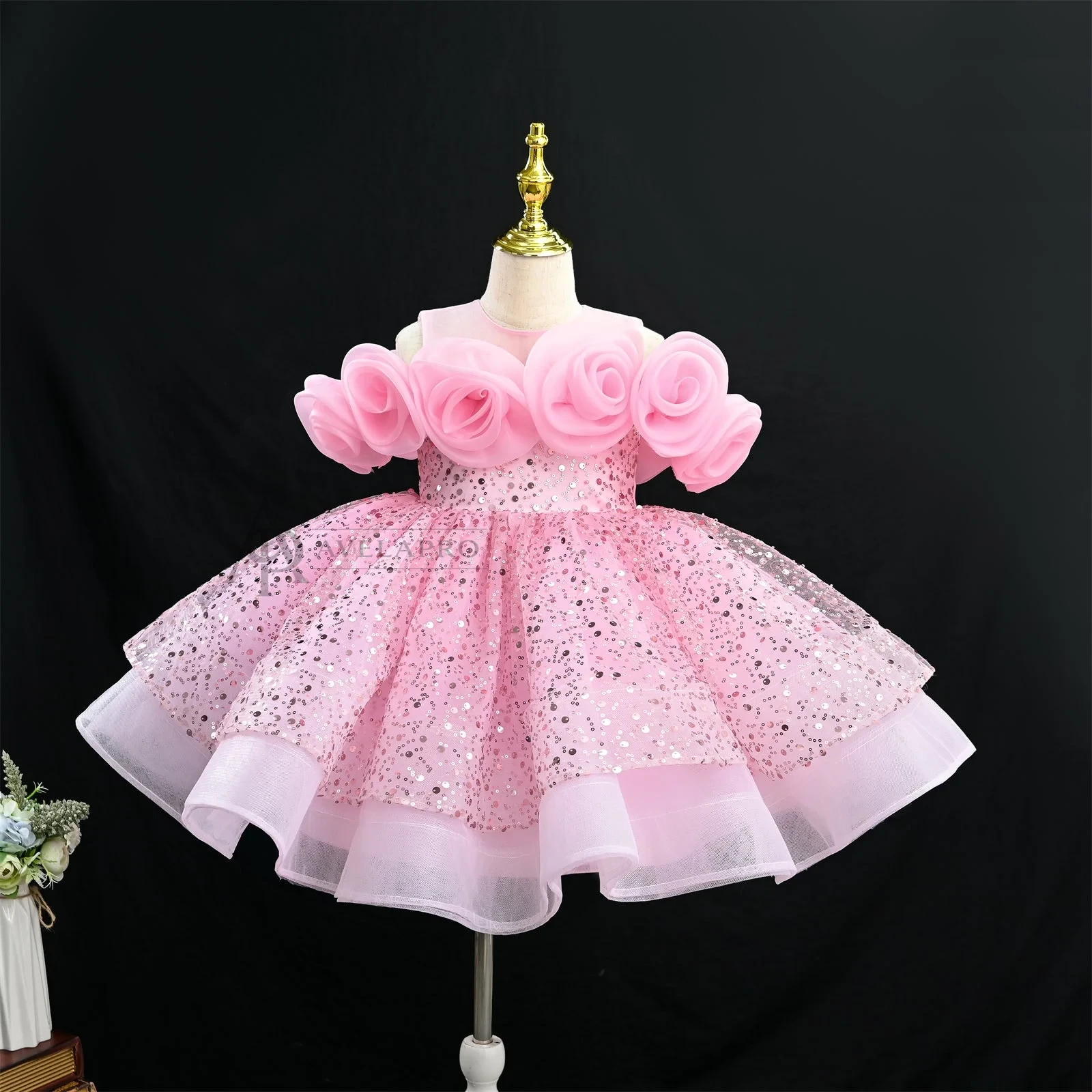 Luxury 3D Rose Flower Girl Dress for Girls – Sparkle Tulle Princess Party Dress (3-8Y)