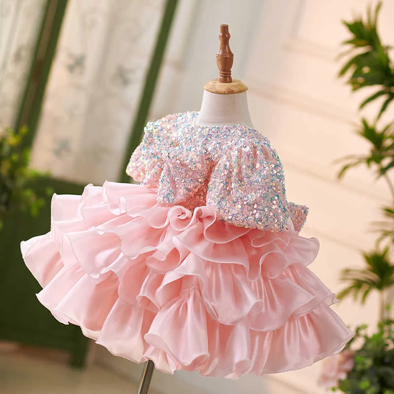Pink Sequined Fluffy Tutu Cake Birthday Party Flower Girl Dress