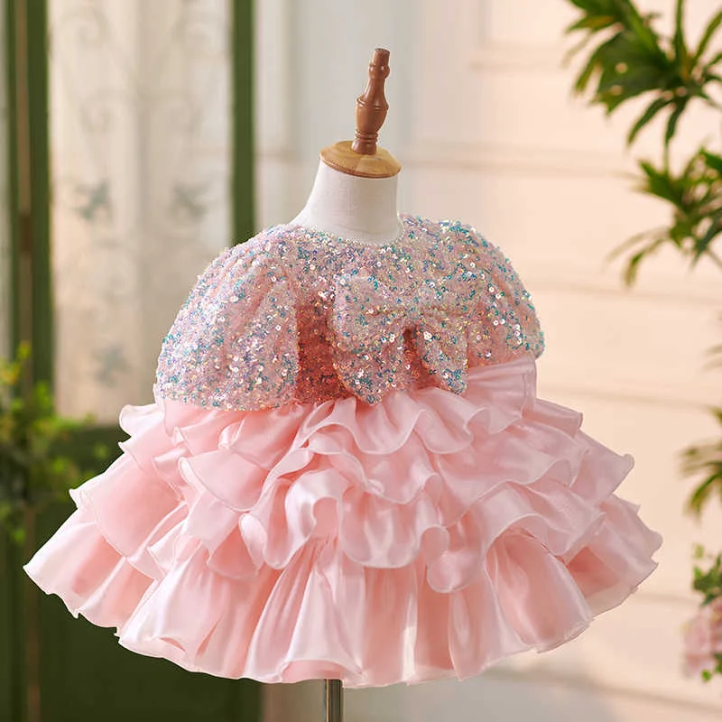 Pink Sequined Fluffy Tutu Cake Birthday Party Flower Girl Dress