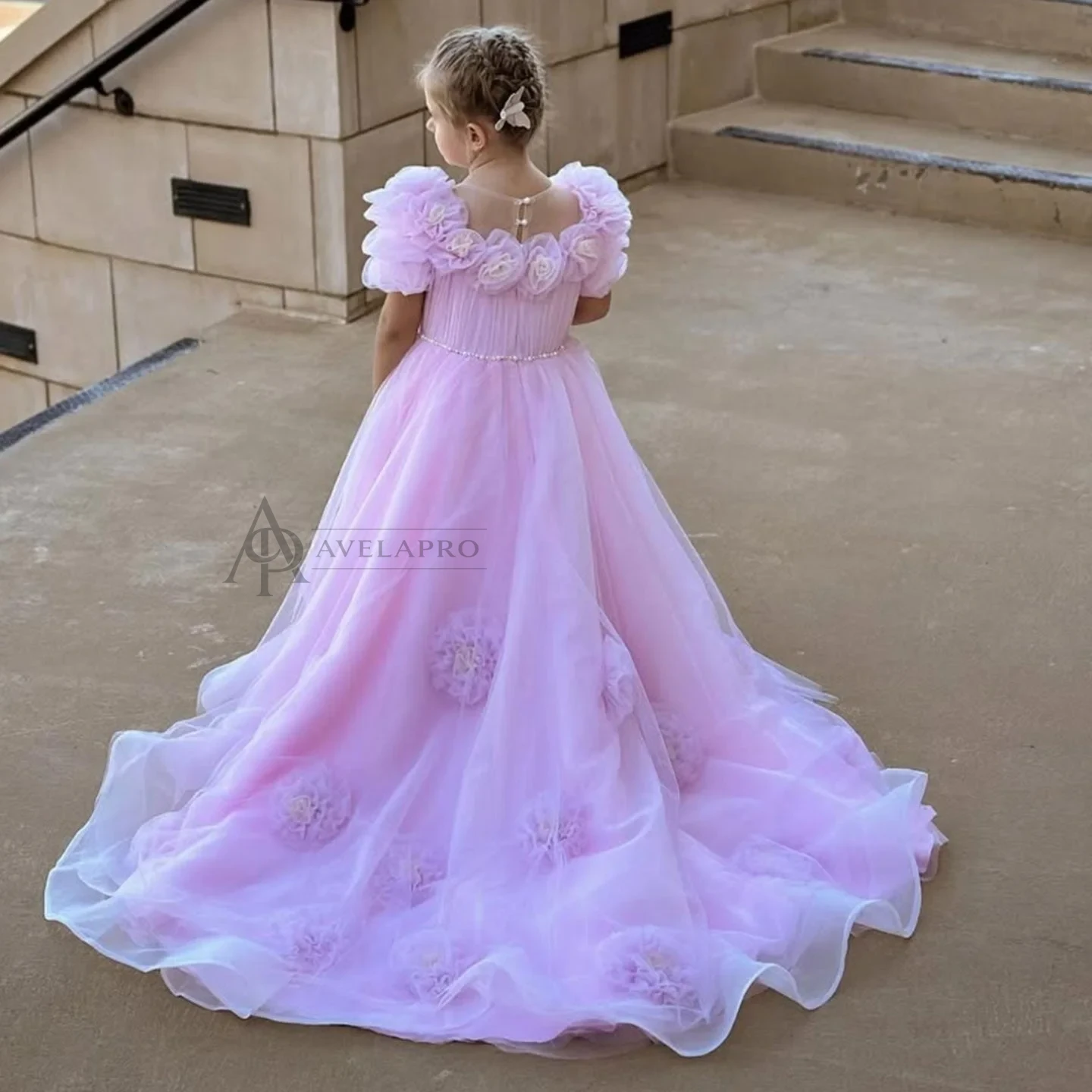 Luxury Arabic Pink Girl Dress Handmade Flowers Princess Gown