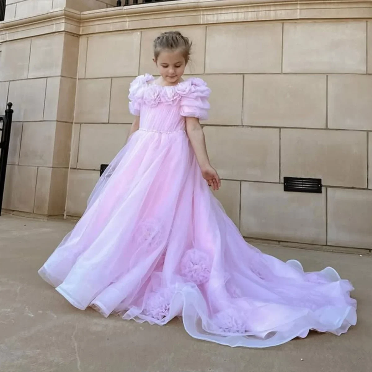 Luxury-Arabic-Pink-Girl-Dress-Handmade-Flowers-Princess-Gown-J150-AVELAPRO-48851735773487-07 Luxury Arabic Pink Girl Dress Handmade Flowers Princess Gown