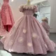 Luxury Arabic Pink Girl Dress Handmade Flowers Princess Gown