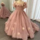 Luxury Arabic Pink Girl Dress Handmade Flowers Princess Gown
