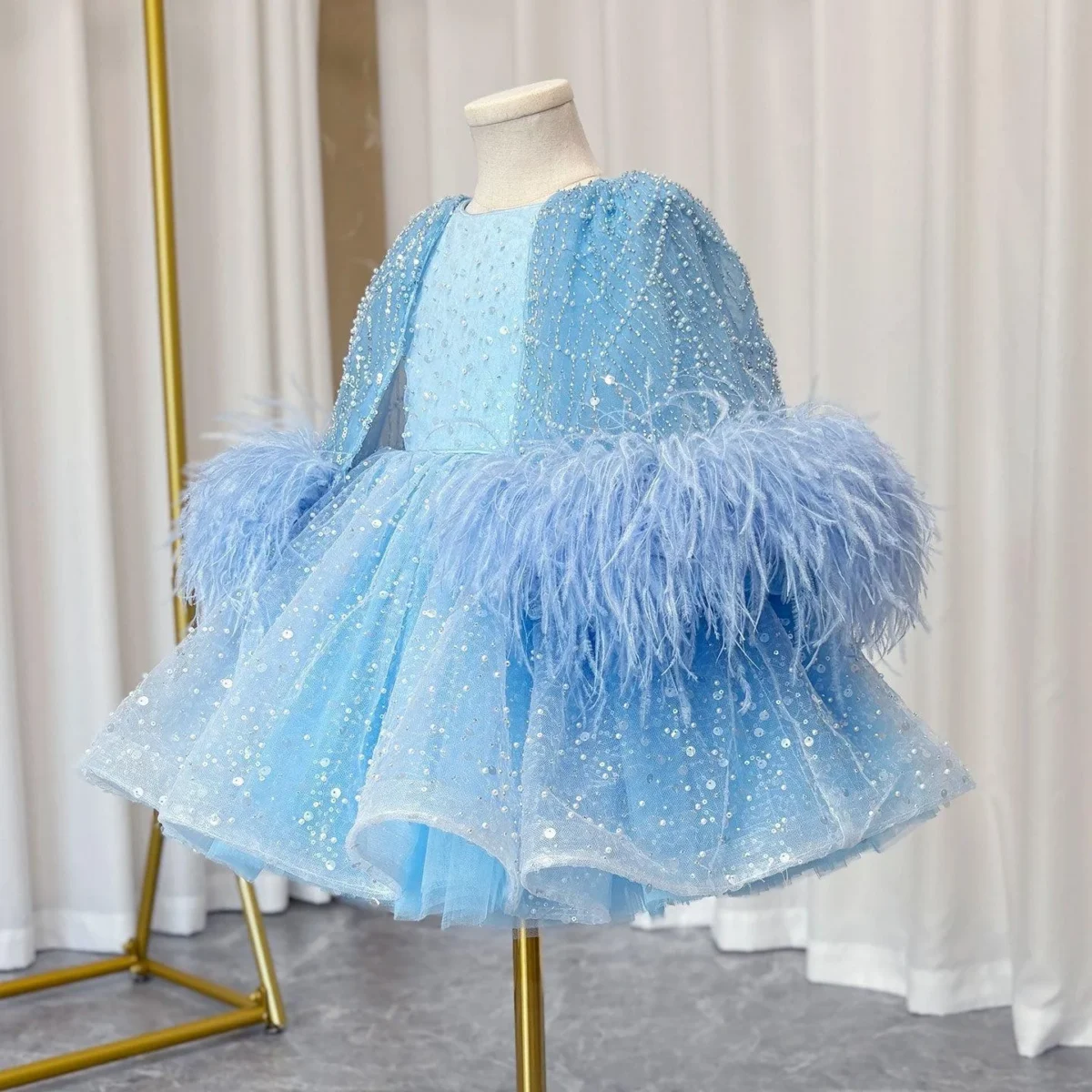 Luxury-Blue-Girl-Dress-Feathers-Cap-Sleeve-Kid-Princess-J170-AVELAPRO-50734828880175-02 Luxury Blue Girl Dress Feathers Cap Sleeve Kid Princess