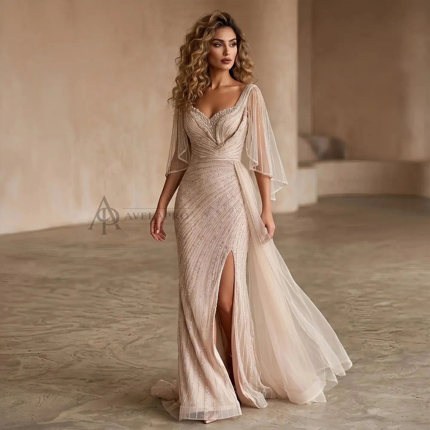 Luxury Champagne Evening Dress with Cape Sleeves Elegant Formal Gown