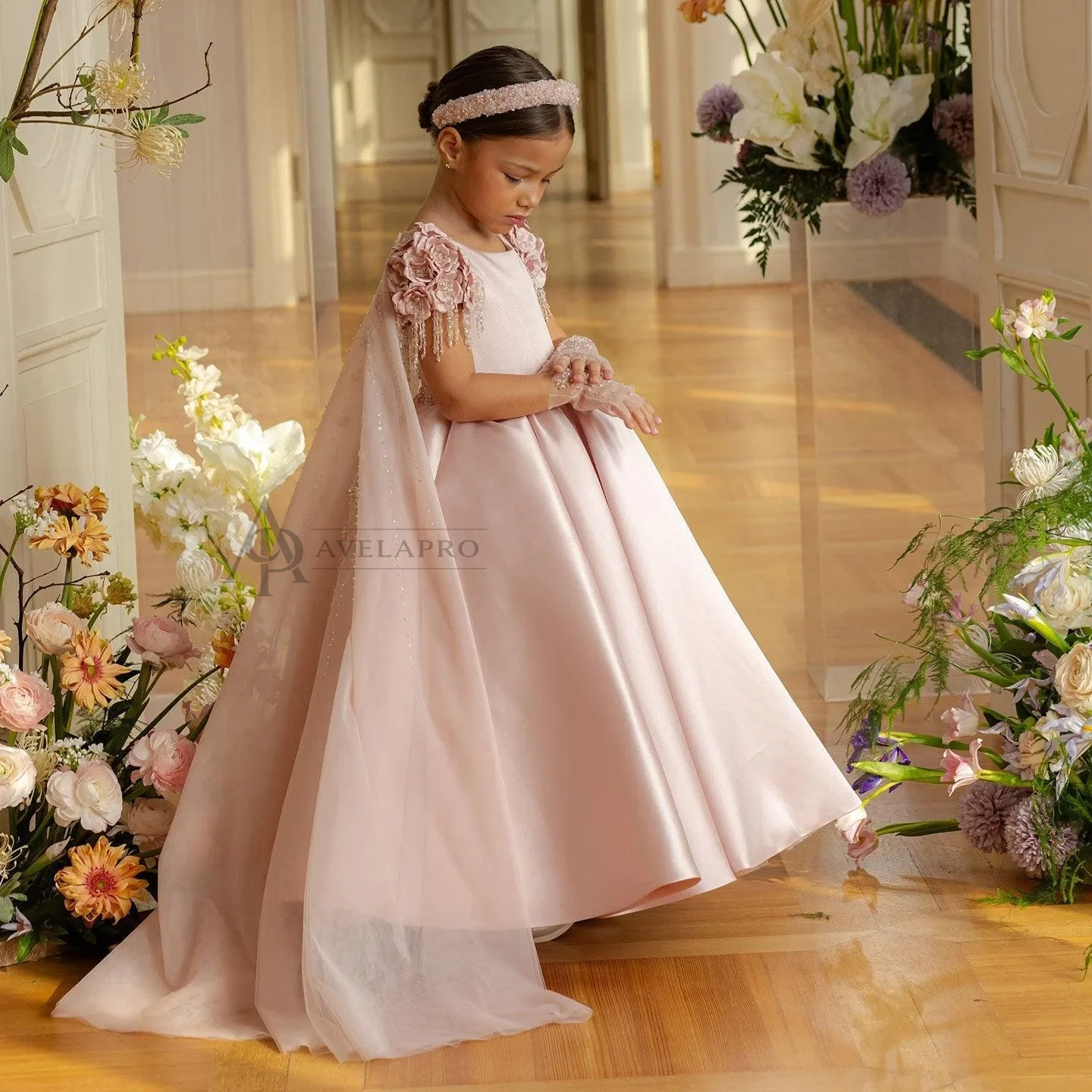 Luxury Dusty Pink Beaded Arabic Girl Dress with Cap Sleeves