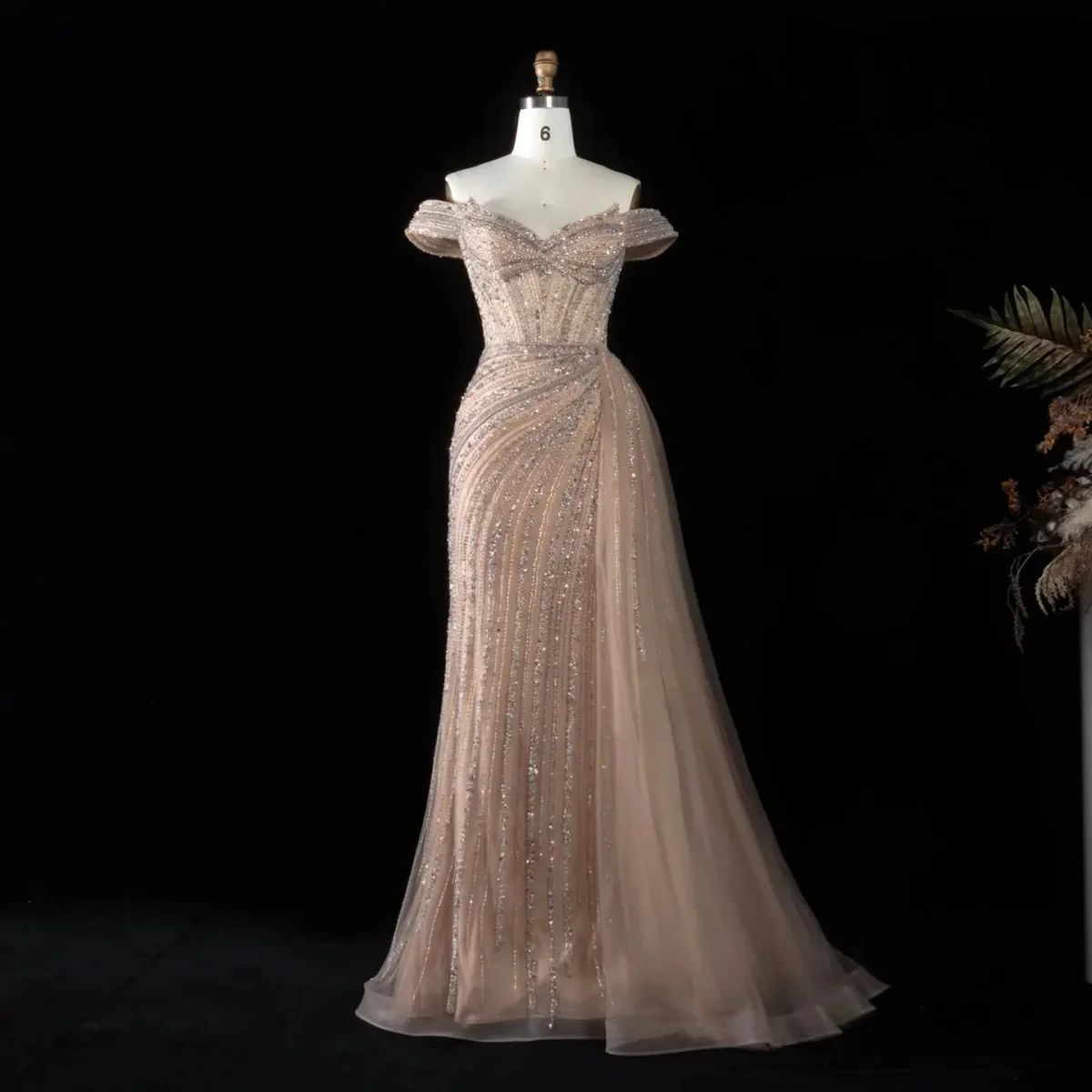 Luxury Off-the-Shoulder Evening Dress with Asymmetrical Tulle Skirt and Boned Bodice