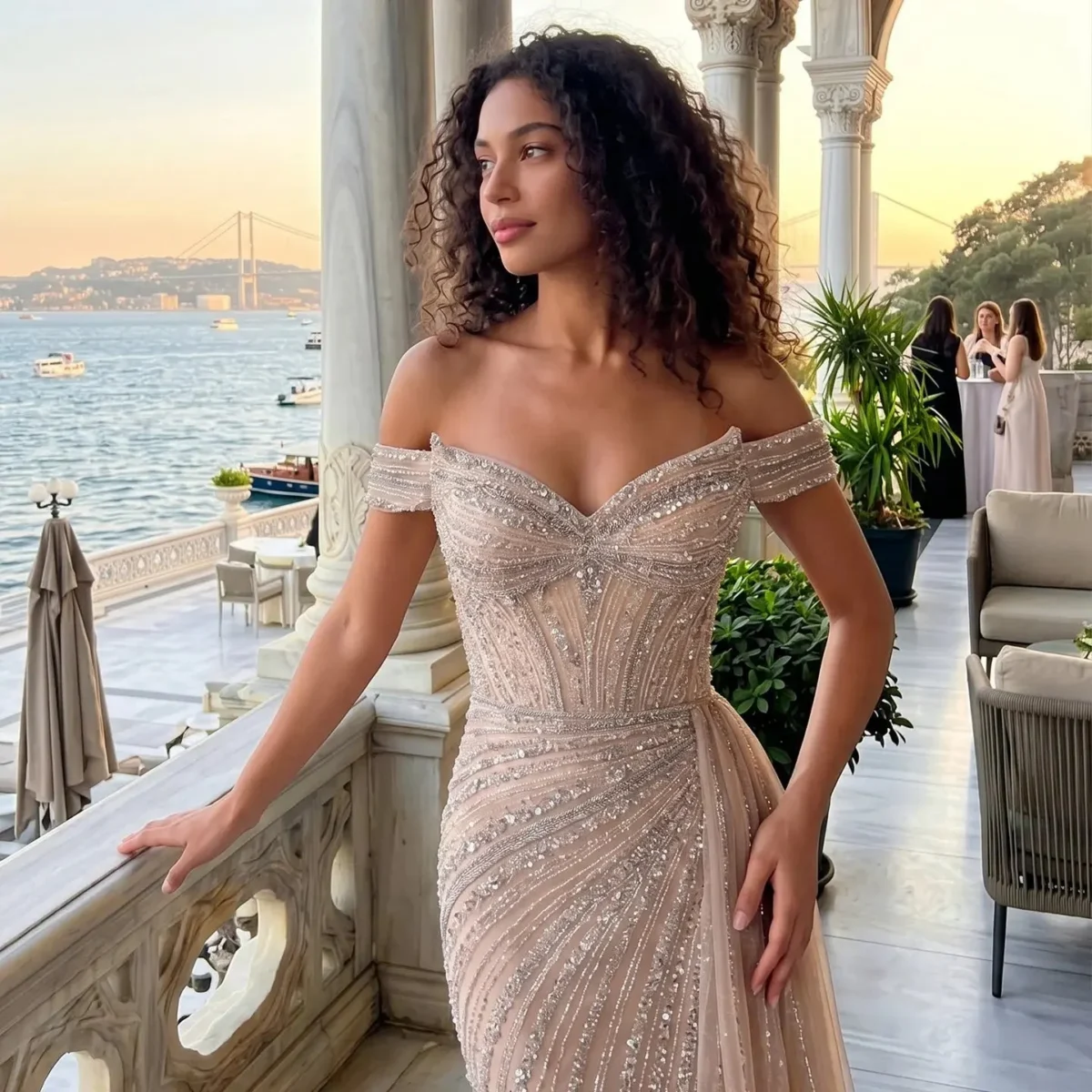 Luxury Off-the-Shoulder Evening Dress with Asymmetrical Tulle Skirt and Boned Bodice
