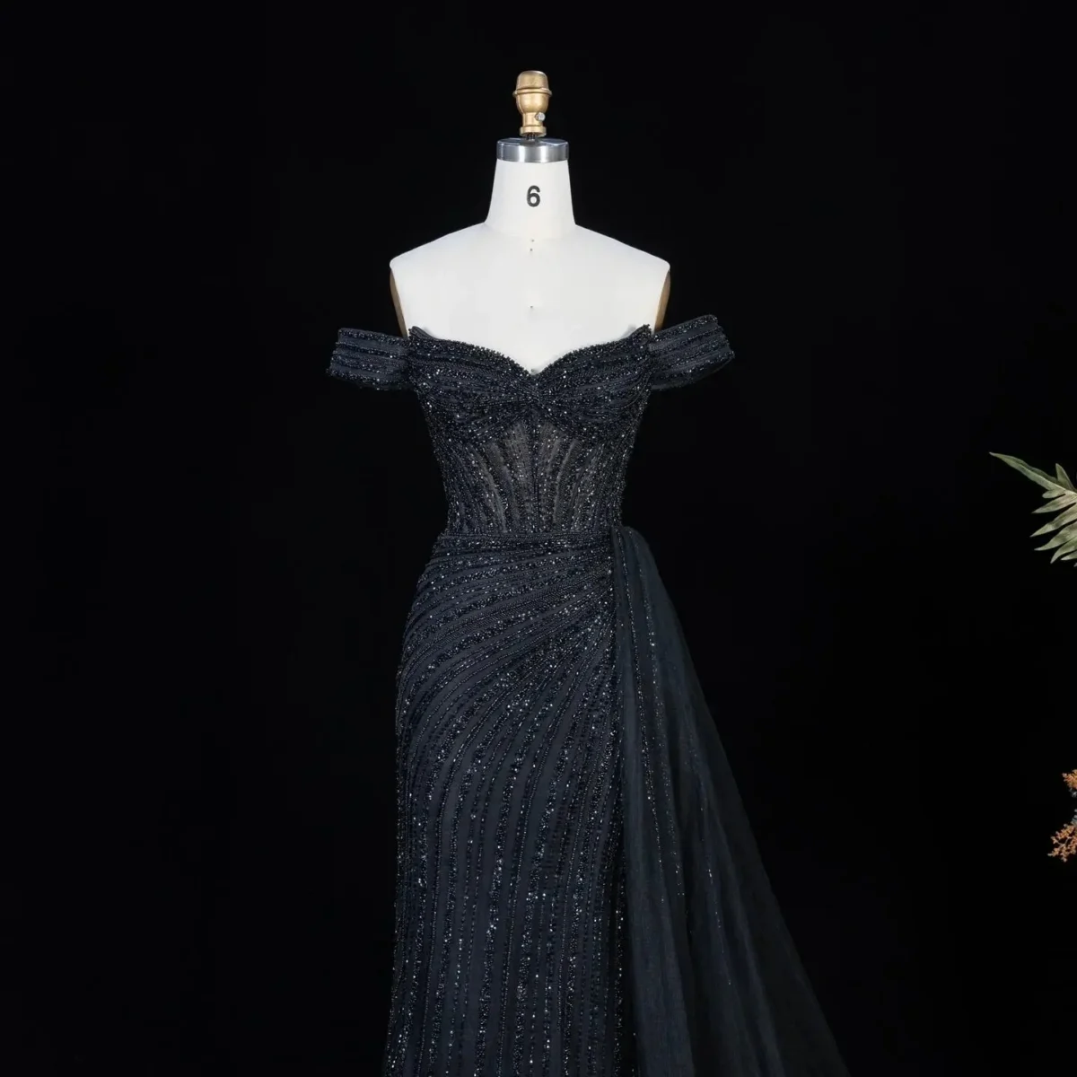 Luxury Off-the-Shoulder Evening Dress with Asymmetrical Tulle Skirt and Boned Bodice