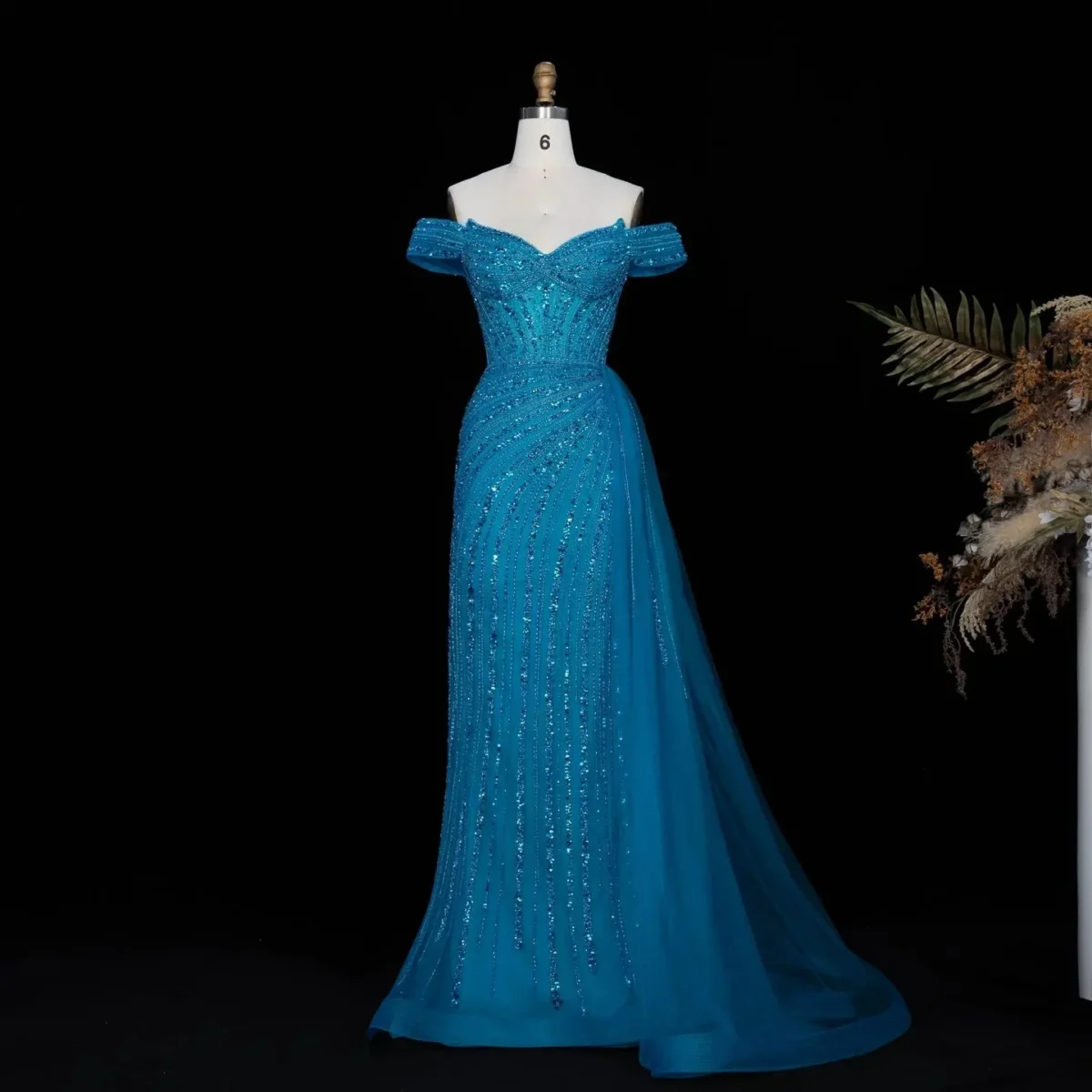 Luxury Off-the-Shoulder Evening Dress with Asymmetrical Tulle Skirt and Boned Bodice
