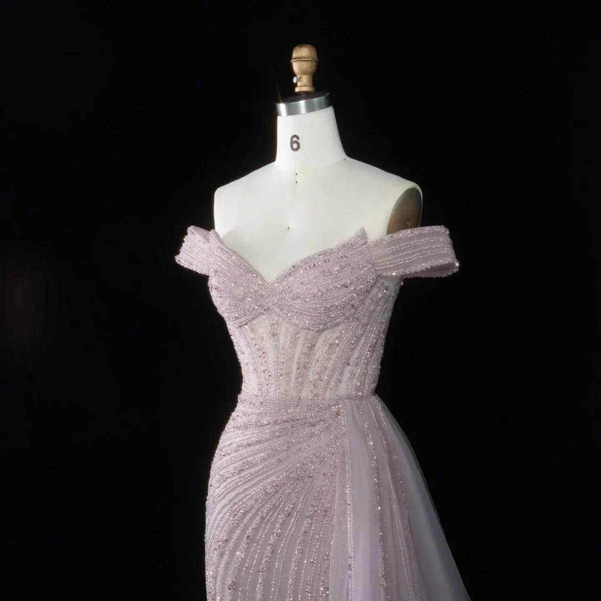 Luxury Off-the-Shoulder Evening Dress with Asymmetrical Tulle Skirt and Boned Bodice