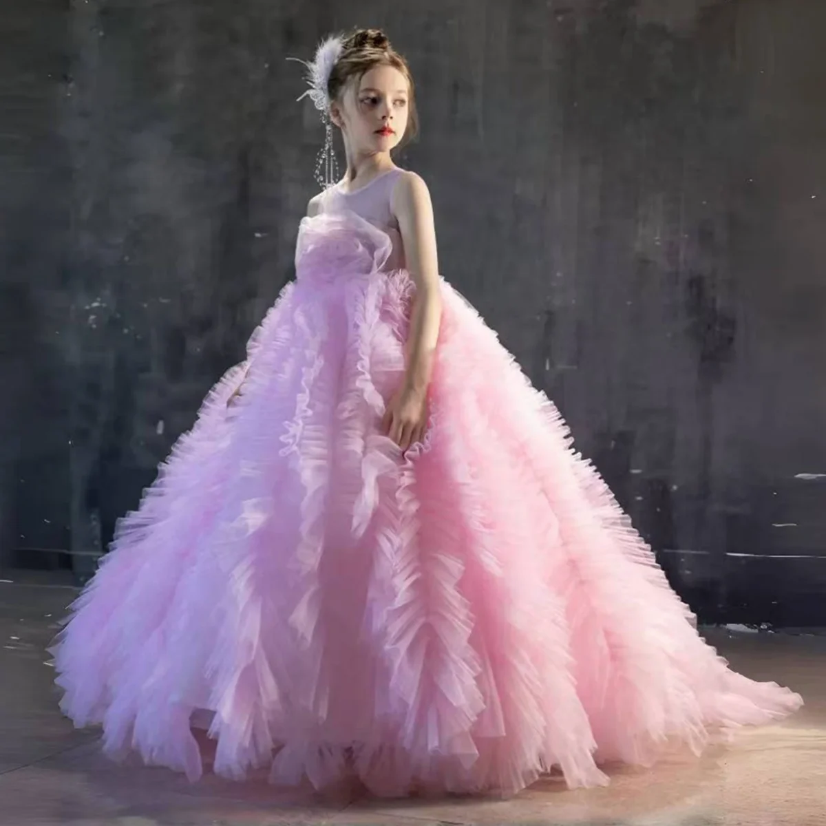 Luxury Pink Girl Dress Handmade Flowers Kids Princess