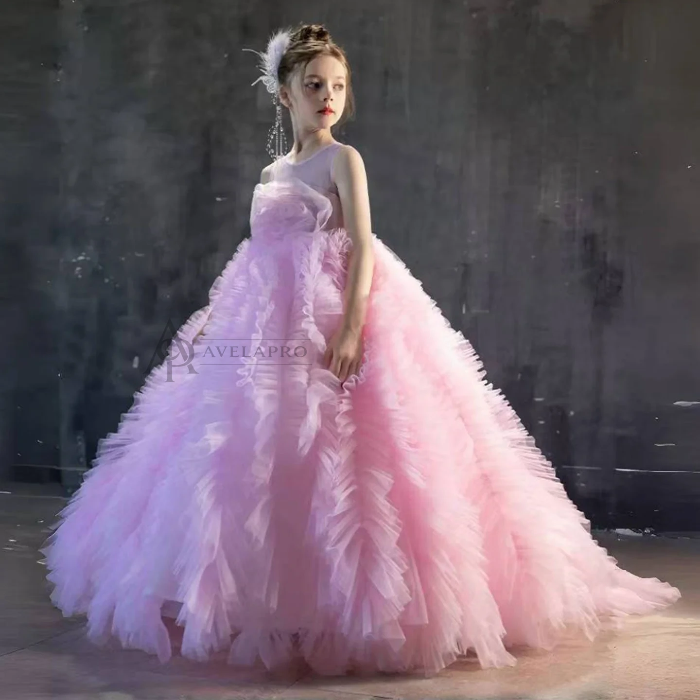 Luxury Pink Girl Dress Handmade Flowers Kids Princess