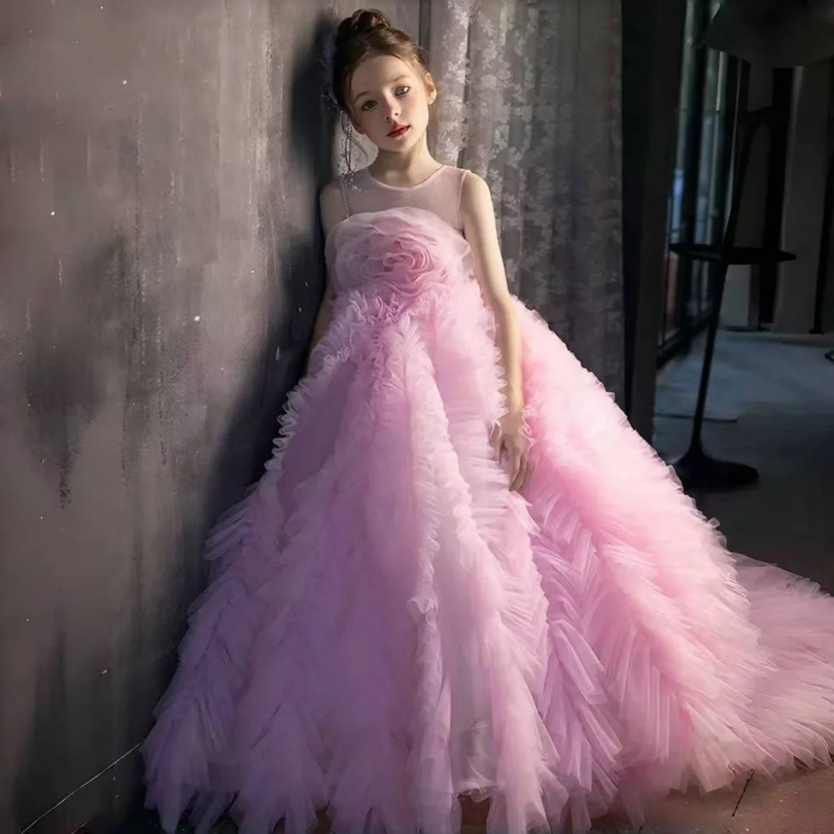 Luxury Pink Girl Dress Handmade Flowers Kids Princess