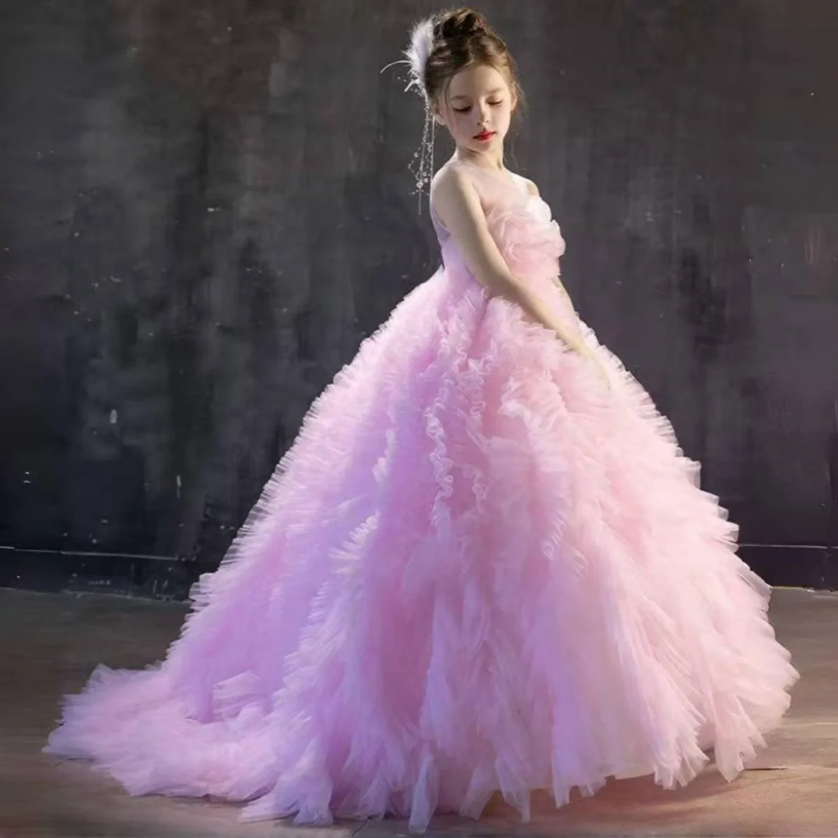Luxury Pink Girl Dress Handmade Flowers Kids Princess