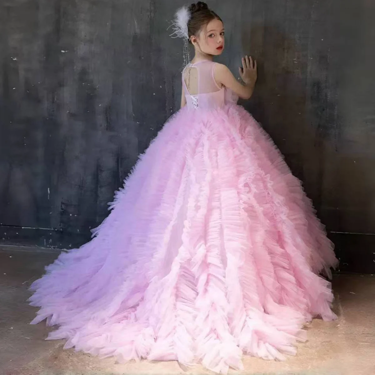 Luxury Pink Girl Dress Handmade Flowers Kids Princess