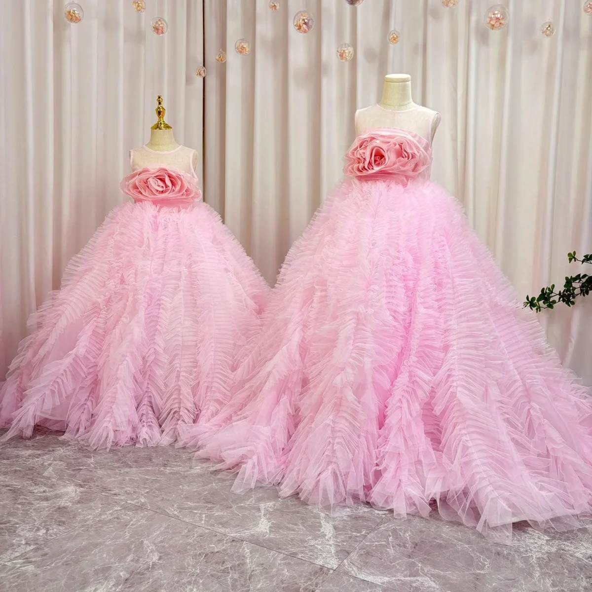Luxury Pink Girl Dress Handmade Flowers Kids Princess