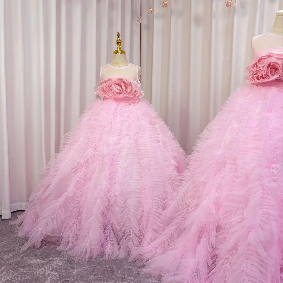 Luxury Pink Girl Dress Handmade Flowers Kids Princess