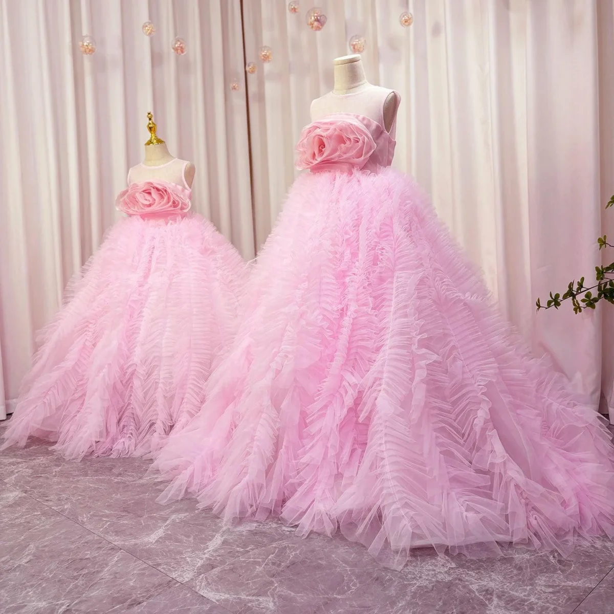Luxury Pink Girl Dress Handmade Flowers Kids Princess