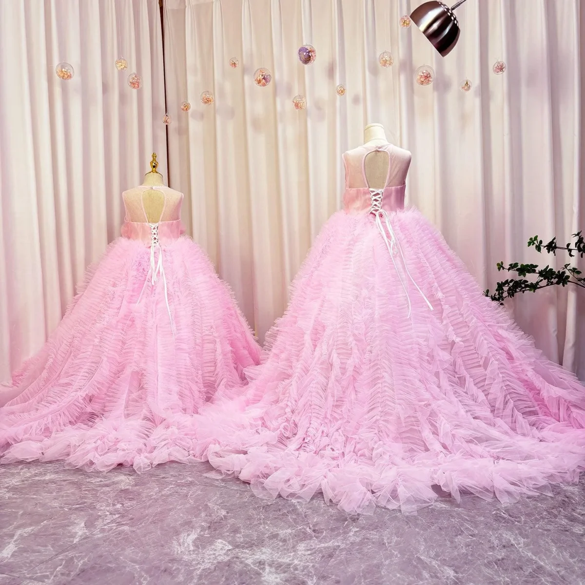 Luxury Pink Girl Dress Handmade Flowers Kids Princess