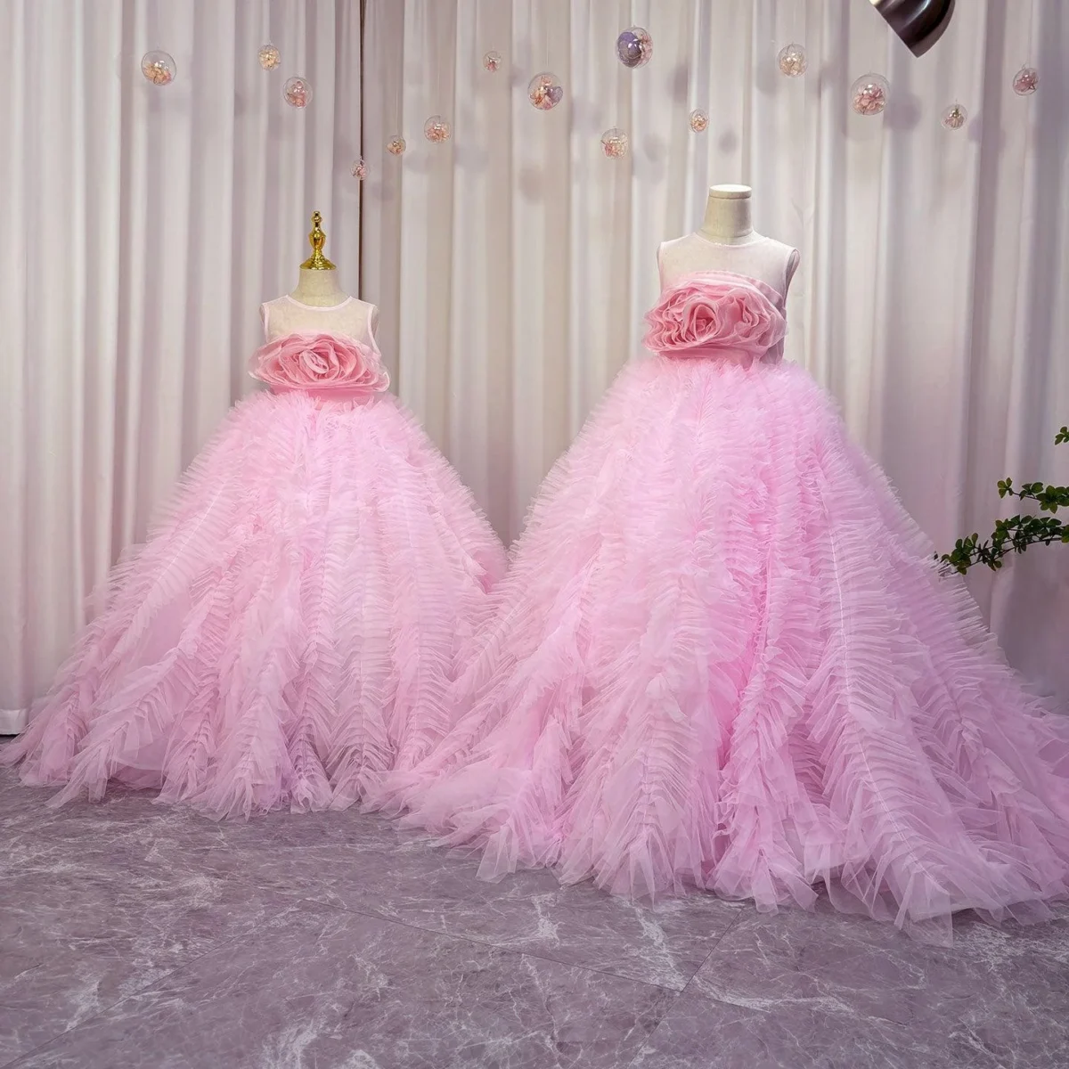 Luxury Pink Girl Dress Handmade Flowers Kids Princess