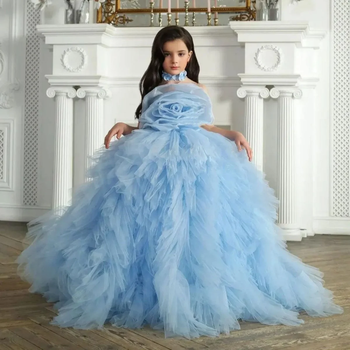Luxury Pink Girl Dress Handmade Flowers Kids Princess