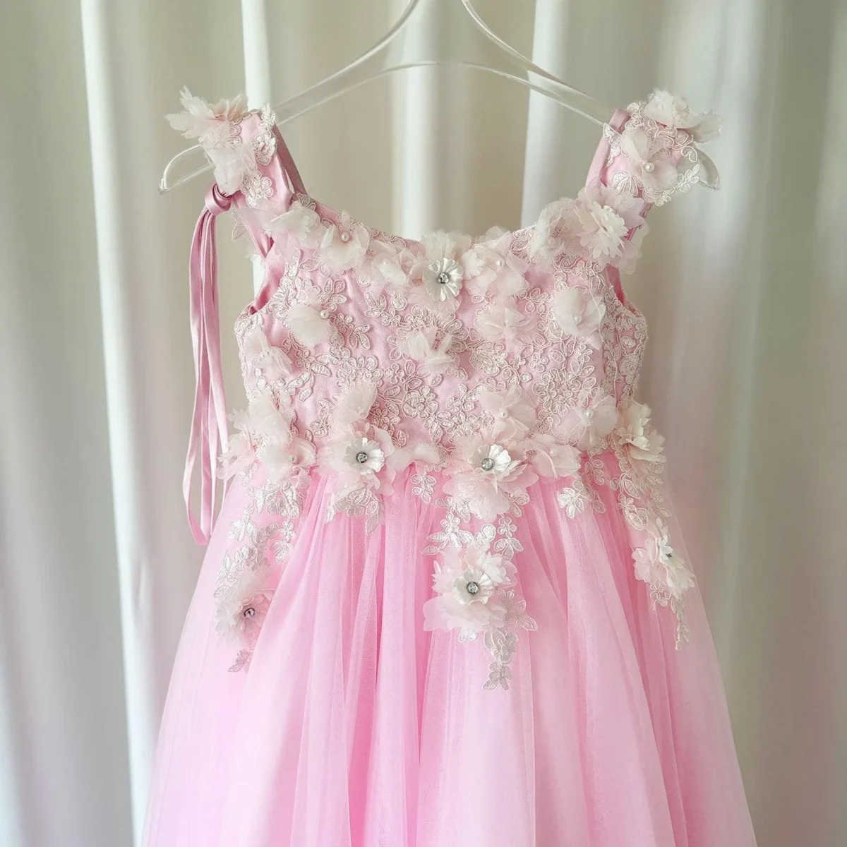 Luxury Pink Tulle Lace Girl Dress Sweep Train Ball Gown
