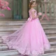Luxury Pink Tulle Lace Girl Dress Sweep Train Ball Gown